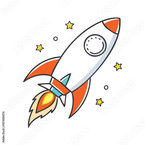 Colorful rocket icon launching with flames, Vector illustration of a rocket launching with a fiery trail, symbolizing space exploration, startups, and innovation.