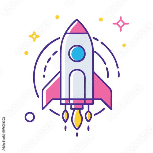 Colorful rocket icon launching with flames, Vector illustration of a rocket launching with a fiery trail, symbolizing space exploration, startups, and innovation.