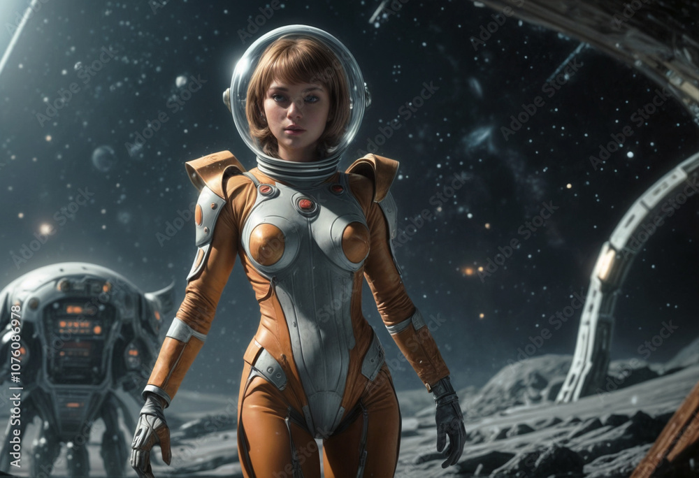 white girl astronaut in stylish retro spacesuit from 60s science fiction movies cinematic light white girl astronaut in stylish retro spacesuit from 60s science fiction movies cinematic light