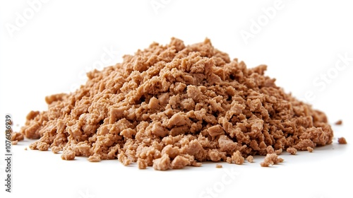 Closeup pile of cooked minced pork meat highly detailed white background, food photography