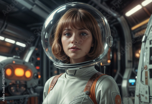 white girl astronaut in stylish retro spacesuit from 60s science fiction movies cinematic light