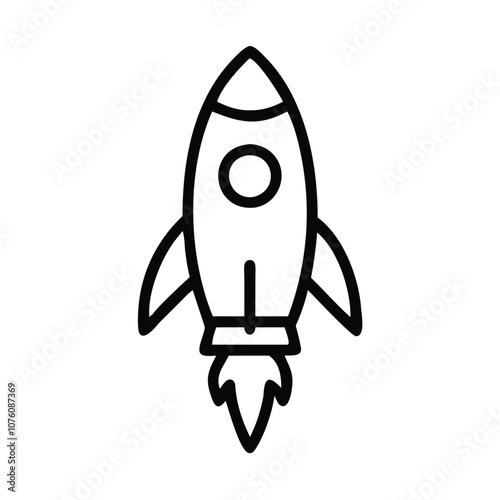 Rocket icon in black outline style, Vector illustration of a rocket with a simple black outline design, symbolizing space exploration, innovation, and startup concepts.
