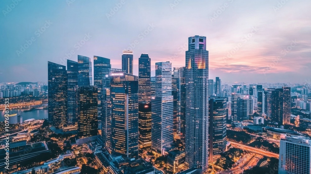 Urban Skyline at Dusk with City Lights and Clouds Urban Skyline at Dusk with City Lights and Clouds