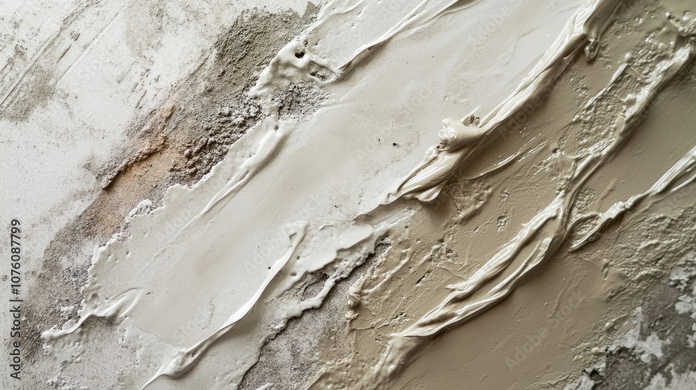 Fototapeta premium Spread adhesive on cement for ceramic tiling, with focus on the texture of the wet surface.
