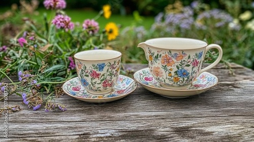 Photograph of a vintage floral tea set on a wooden table with wild flowers in the background.