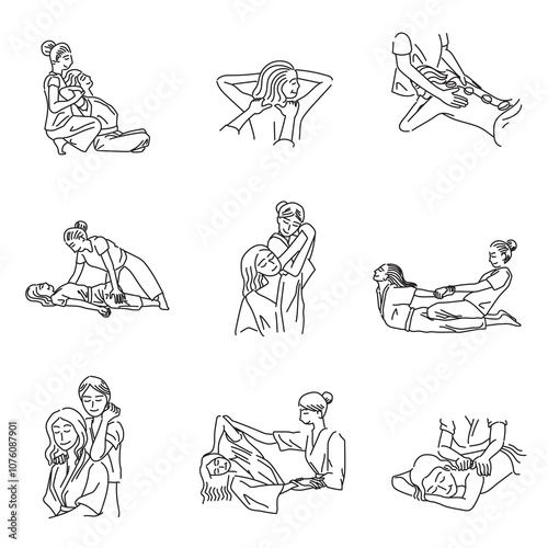 Thai Massage Spa Poses Minimal Black and White Drawing Set
