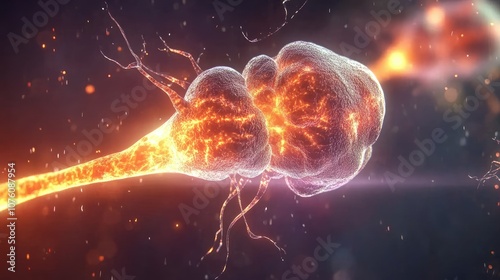 Synapse in action, neuron cells sending electrical and chemical signals across the synaptic gap.