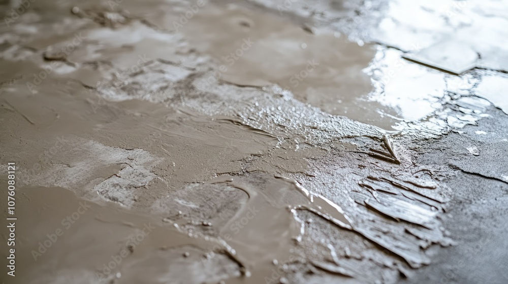 Wet cement background with a layer of ceramic adhesive spread evenly, ready for tiling installation. Wet cement background with a layer of ceramic adhesive spread evenly, ready for tiling installation.