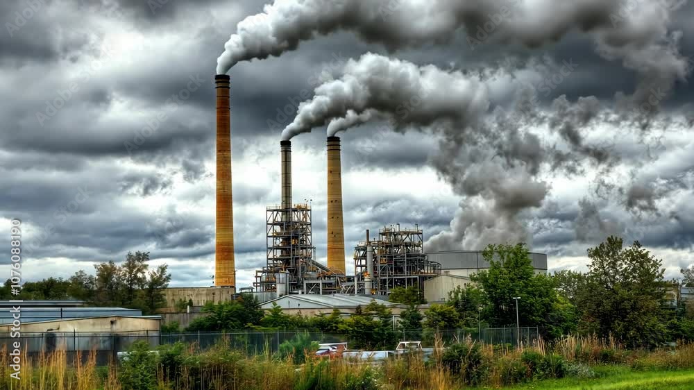 Tall smokestacks spew thick plumes of smoke into a cloudy sky above a large industrial complex Tall smokestacks spew thick plumes of smoke into a cloudy sky above a large industrial complex