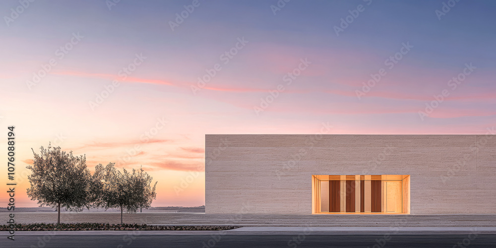 Obraz premium Modern architectural building at sunset with serene landscaping in a tranquil setting