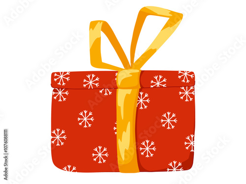 Christmas gift, New Year present. Gift box with red wrapping papper with white snowflakes and ribbon. Vector hand drawn illustration, flat design. Simple art print for decor, stickers