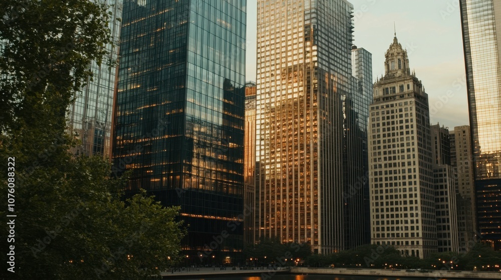 Obraz premium Urban Landscape with Skyscrapers and Reflections at Sunset