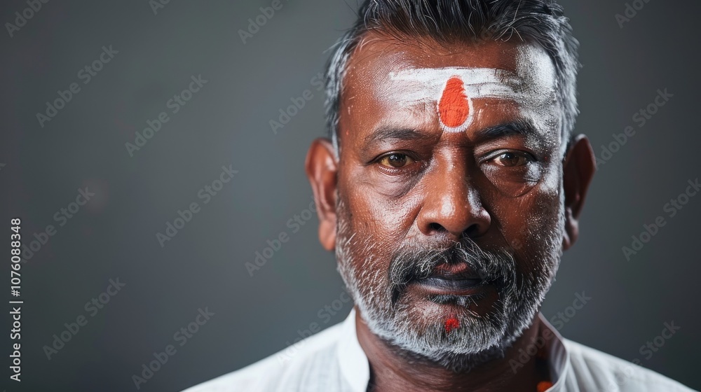 Fototapeta premium A Hindu priest showcases peaceful expression and traditional attire, with a tilak accentuating his forehead in soft natural lighting