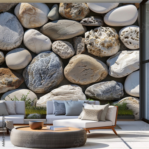 mockup on transparent methacrylate plate on a building wall photo wallpaper of pebbles  photo