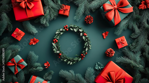 festive Christmas wreath surrounded by red gift boxes and pine branches creates joyful holiday atmosphere.