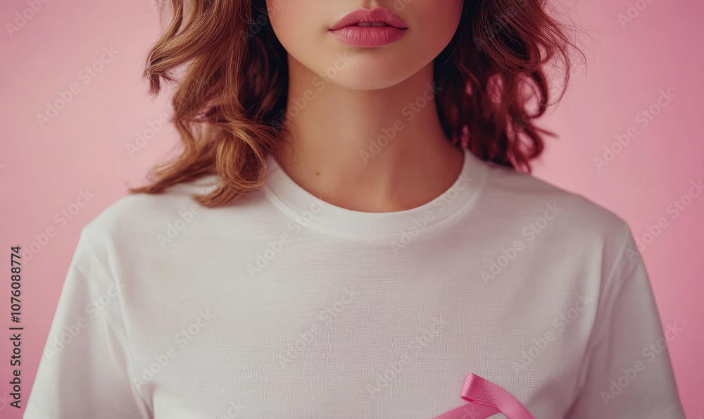 close up of woman's torso with pink ribbon on white t-shirt against light pastel background, front view. Pink cancer awareness symbol concept close up of woman's torso with pink ribbon on white t-shirt against light pastel background, front view. Pink cancer awareness symbol concept