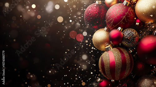 Festive red and gold Christmas ornaments with sparkling bokeh lights create warm holiday atmosphere
