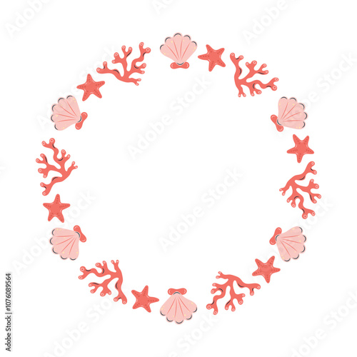 Round sea frame with shells and corals. Red corals and white background. For postcards and posters. Vector illustration.