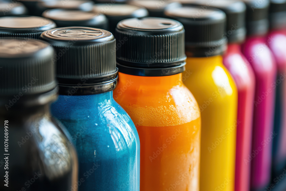 row of colorful ink bottles, vibrant and ready for use row of colorful ink bottles, vibrant and ready for use