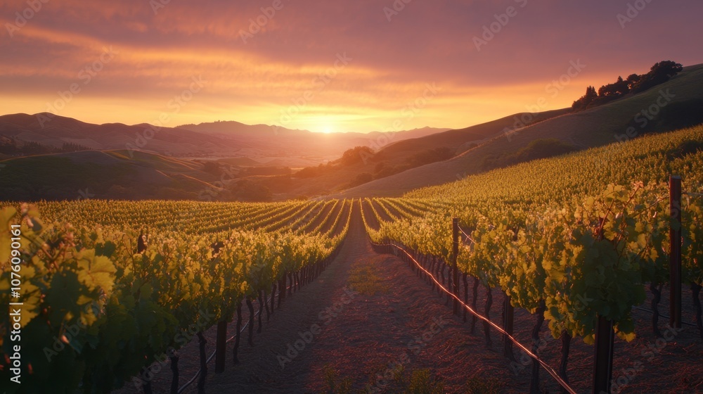 Naklejka premium Serene Sunset Over Lush Vineyard Landscape