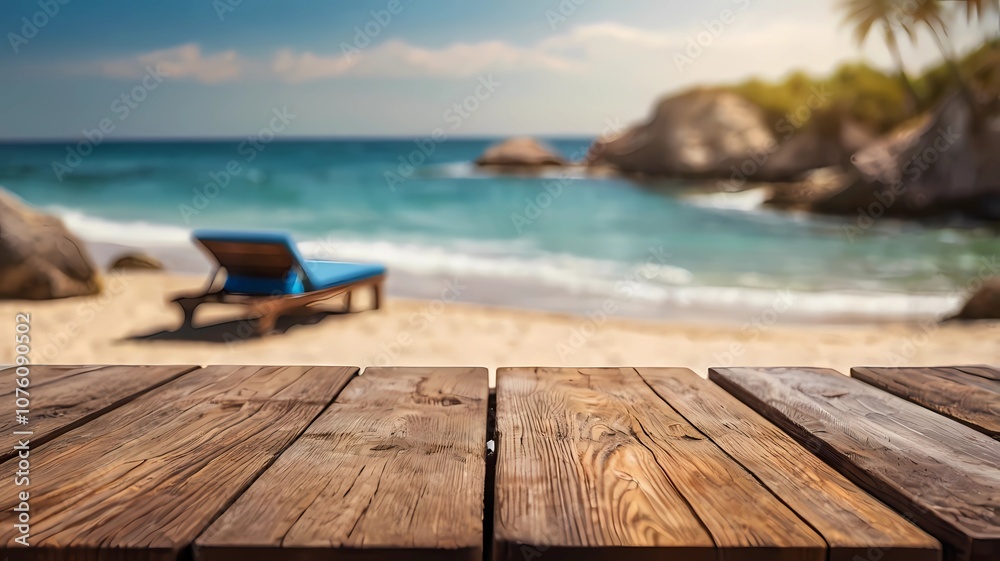 Fototapeta premium Empty wooden table on blur background of beautiful beach for mockup summer product display or travel ad. Picnic table with customizable space on table-top for editing.