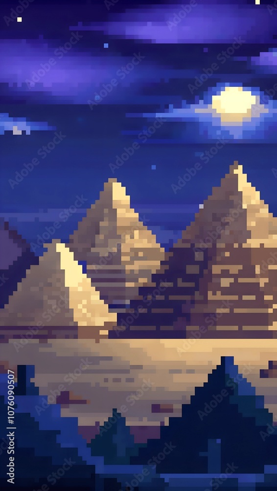 Egyptian pyramids at night pixel art background. 8-bit game assets ...