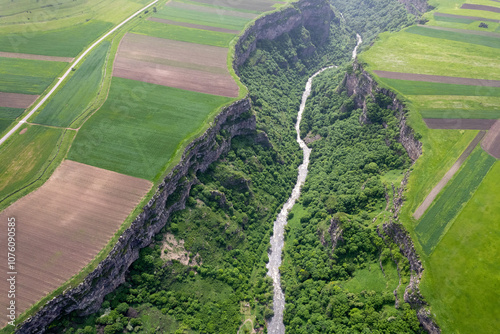 Birds eye view of Dzoraget river canyon on sunny spring day. Lori Province, Armenia. photo