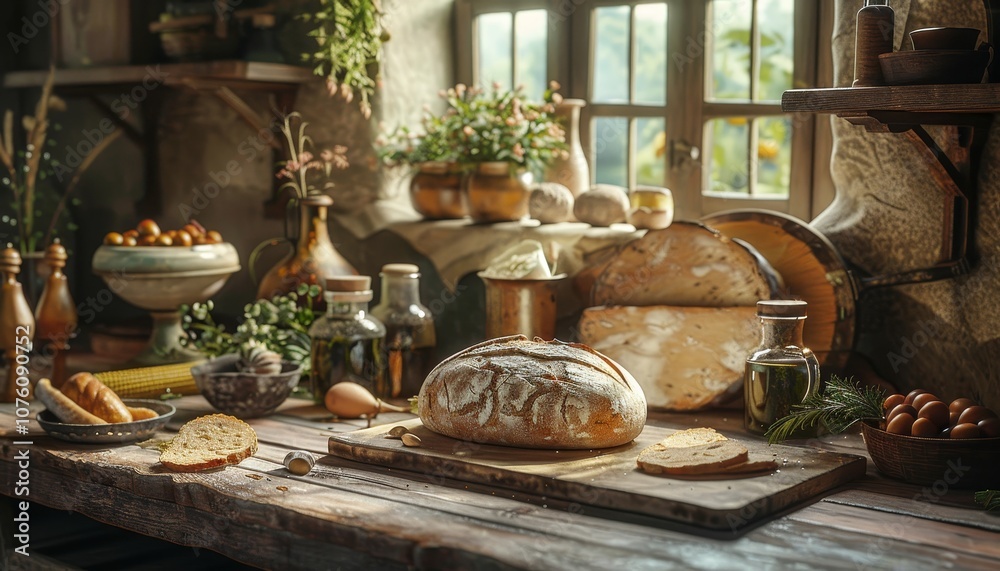 Fototapeta premium A rustic kitchen table set with a loaf of bread, herbs, and other ingredients.