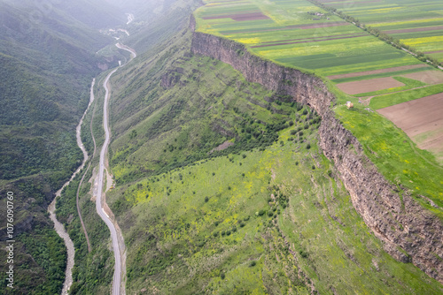 Drone view of Debed river valley near by Odzun village on spring day. Armenia. photo