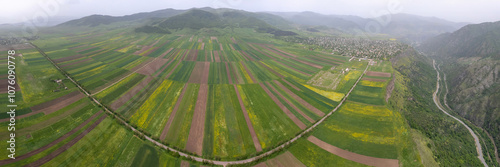 Panoramic aerial view of farmland above Debed river valley on spring day. Odzun village, Armenia. photo