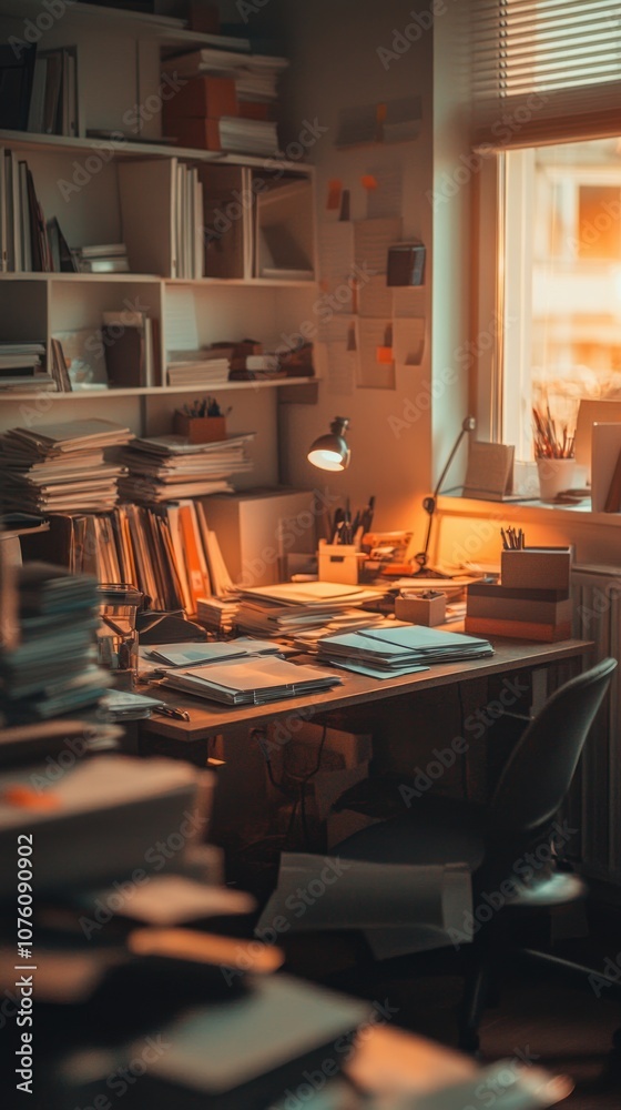 A cozy, cluttered workspace filled with books, papers, and warm lighting. A cozy, cluttered workspace filled with books, papers, and warm lighting.