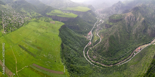 Panoramic drone view of Debed river canyon near by Alaverdi town at spring. Armenia. photo