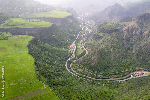 фотографія Aerial view of Debed river canyon near by Alaverdi town on sunny spring day