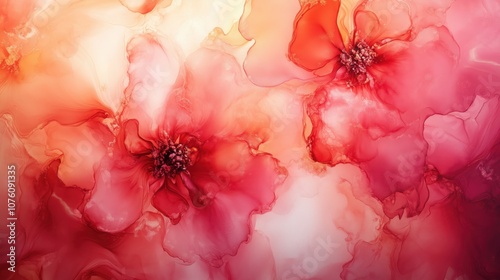 Soft and Ethereal Blossoms in Vibrant Peach and Red Hues - Made with Generative AI photo