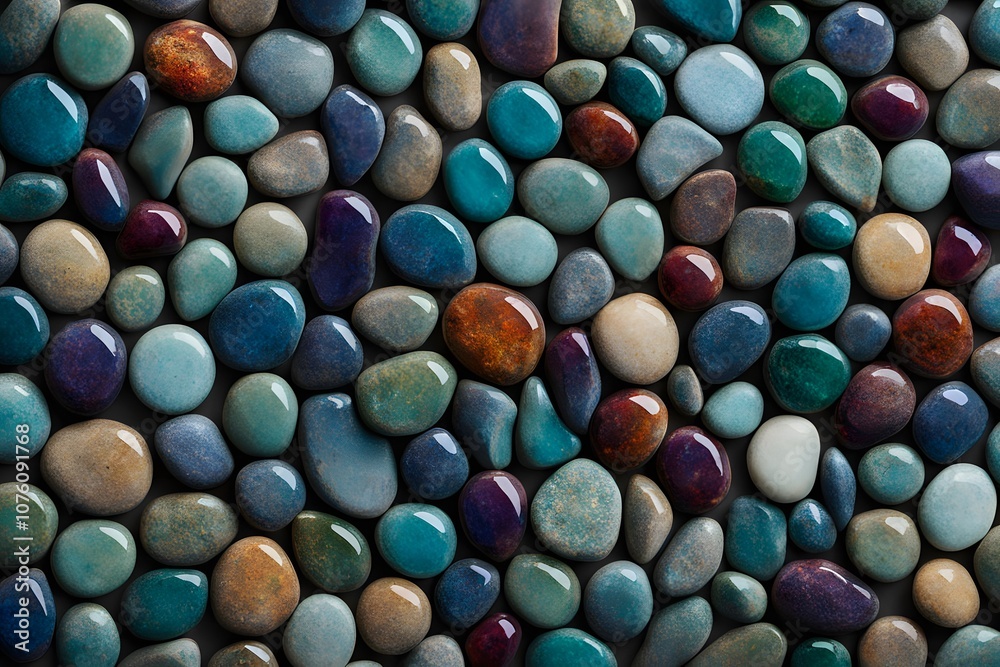 Mosaic of round stones in jewel tones polished and glossy with soft lighting, AI Generated Mosaic of round stones in jewel tones polished and glossy with soft lighting, AI Generated