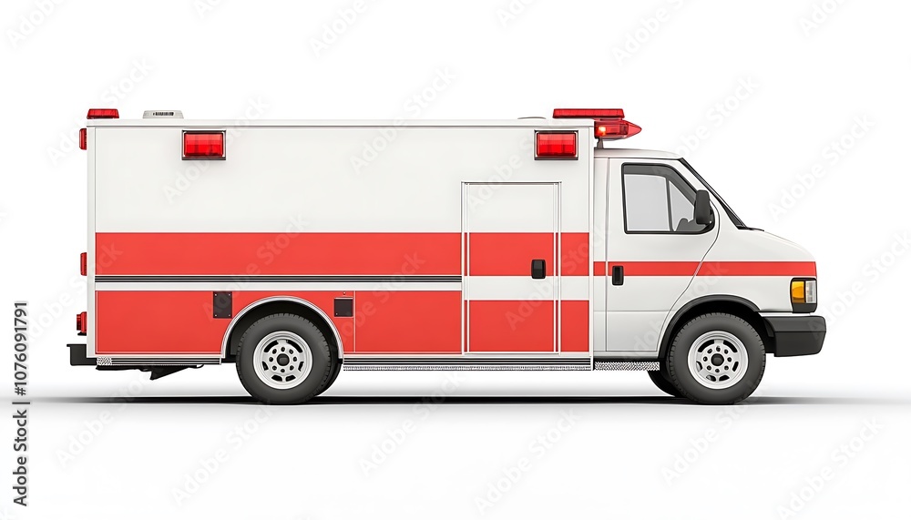 A side view of an emergency ambulance with red and white markings, designed for medical transport.