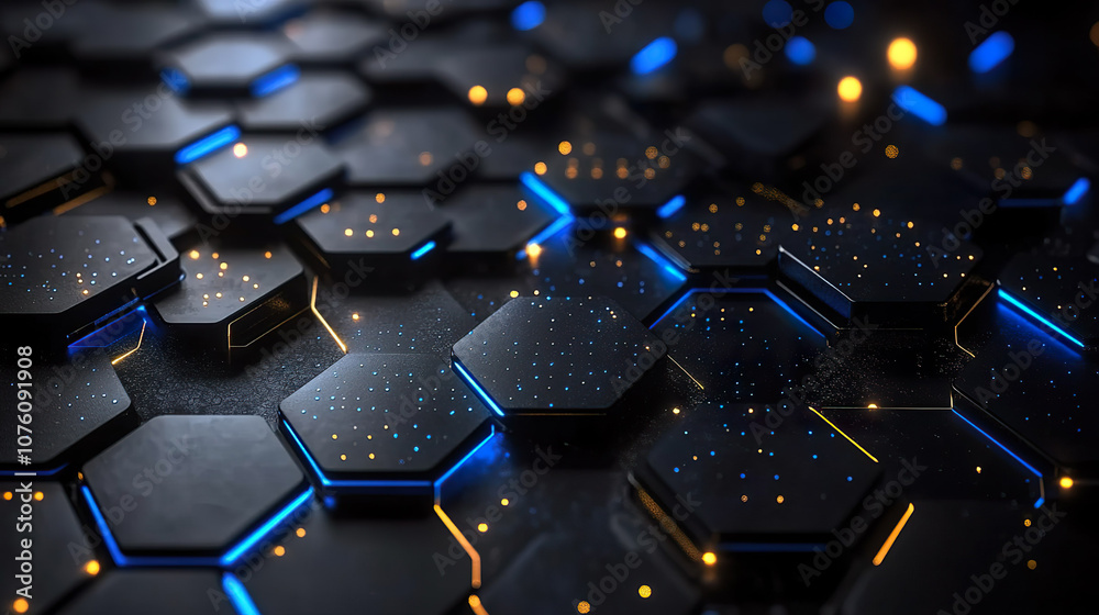 futuristic hexagonal pattern with glowing blue and orange lights creates dynamic and high tech atmosphere. futuristic hexagonal pattern with glowing blue and orange lights creates dynamic and high tech atmosphere.
