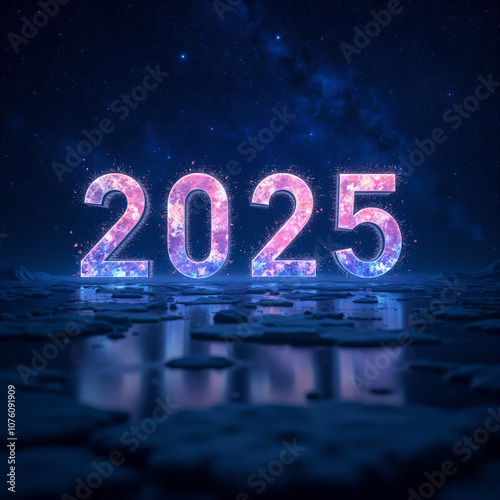 2025,new year greeting card,A futuristic depiction of the year '2025