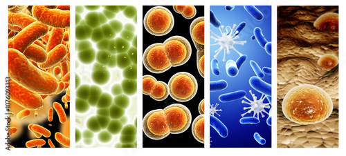 Collection of horizontal or vertical banners with pathogenic bacterias and viruses. Virus under microscope. Fast multiplication of bacteria. Infection and microbe. 3d render