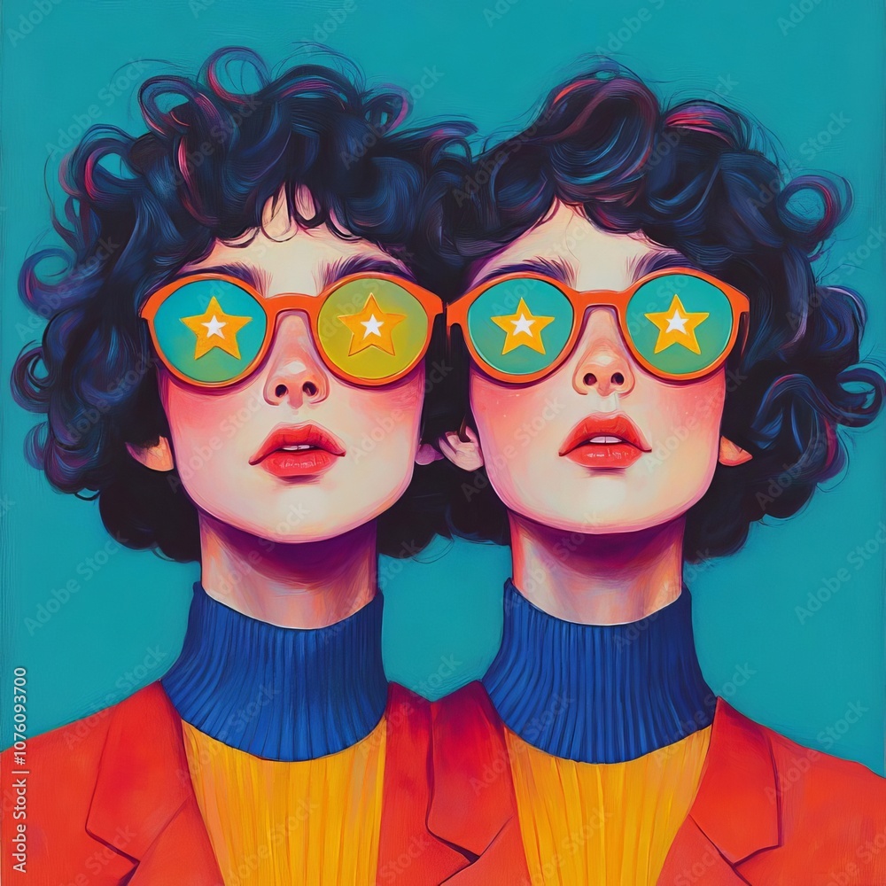 Gemini twins with stars in eyes, playful and curious Gemini twins with stars in eyes, playful and curious
