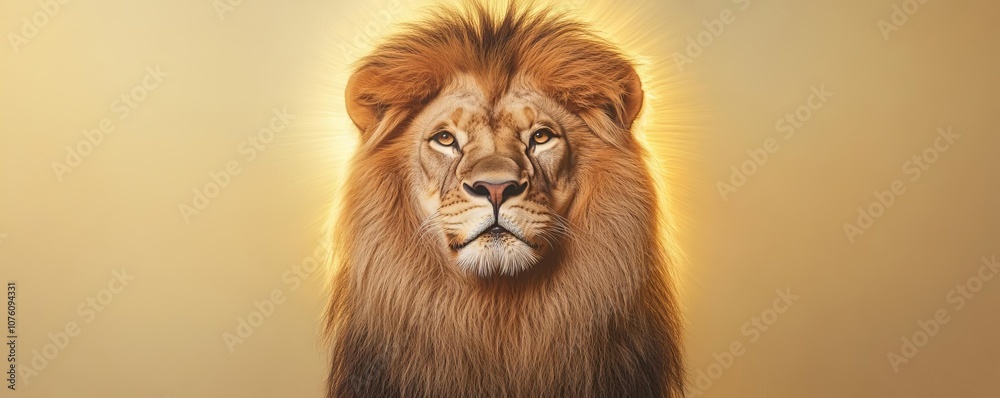 Leo lion with radiant mane, surrounded by golden light, symbol of courage