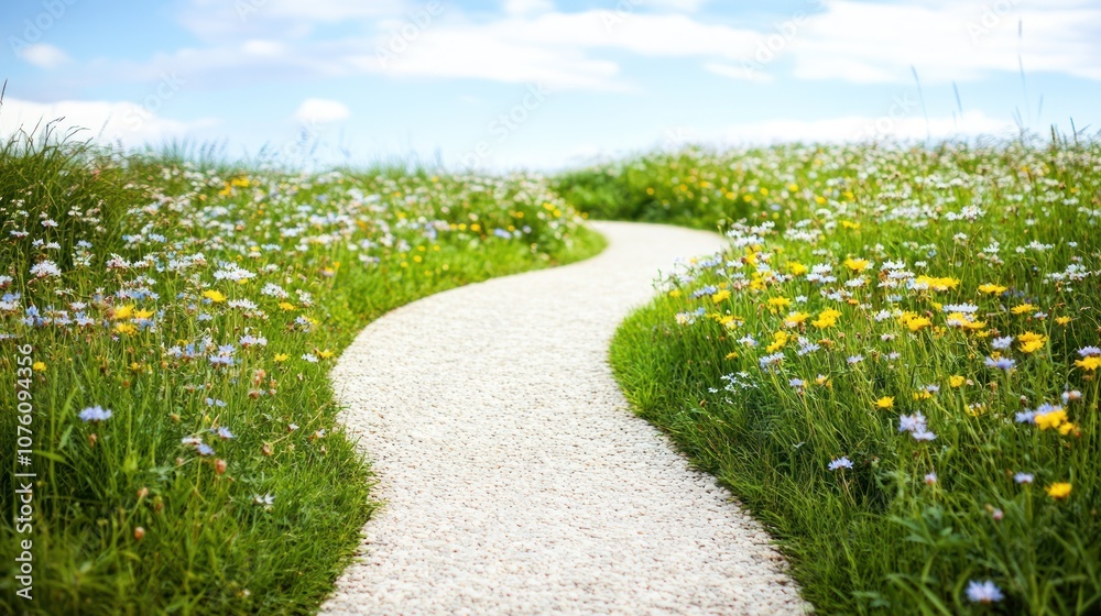 Obraz premium A winding pathway through a vibrant field of flowers under a blue sky.