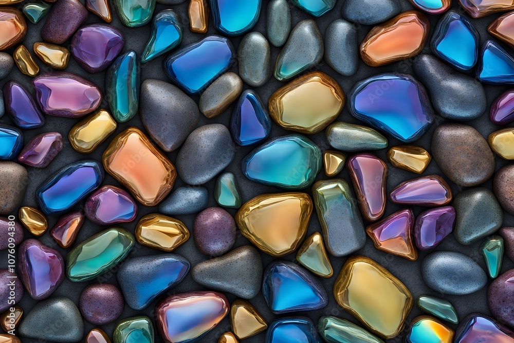 Rainbow colored stones with metallic reflections arranged in an abstract and surreal layout, Ai Generated Rainbow colored stones with metallic reflections arranged in an abstract and surreal layout, Ai Generated