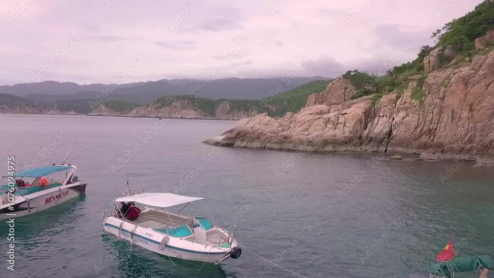 parked boats in a beautiful lagoon in vietnam