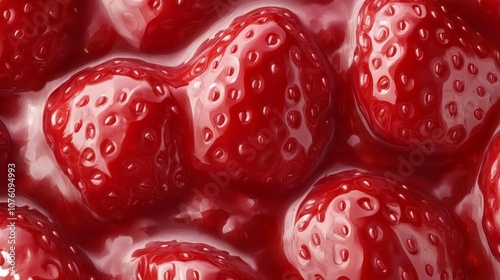A close up of a bunch of red strawberries with a red sauce on top