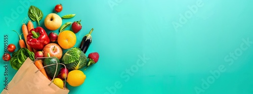 Fresh Produce Spilling From a Brown Bag on a Turquoise Background