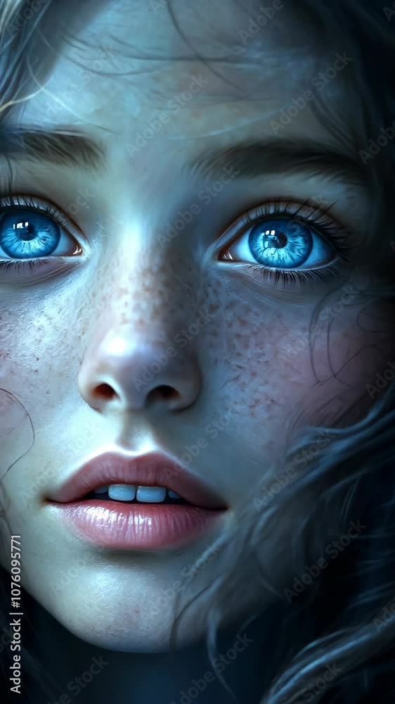 A young woman with bright blue eyes stares intently at the camera A young woman with bright blue eyes stares intently at the camera
