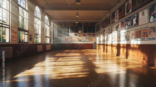 Sunlight Streams Through Windows in an Empty Hallway with Posters on the Walls