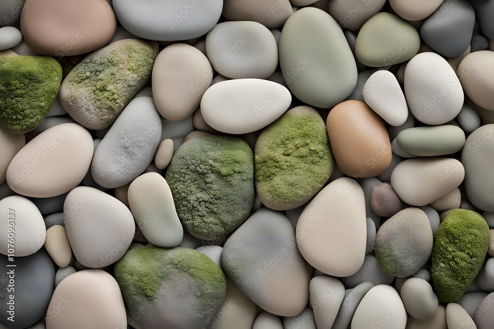 Smooth river stones with hints of moss and greenery in earthy and pastel colors, AI Generated Smooth river stones with hints of moss and greenery in earthy and pastel colors, AI Generated