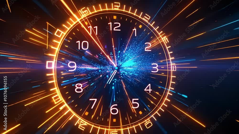 A clock ticking backwards and particles moving in reverse representing the timereversal symmetry of virtual particles.